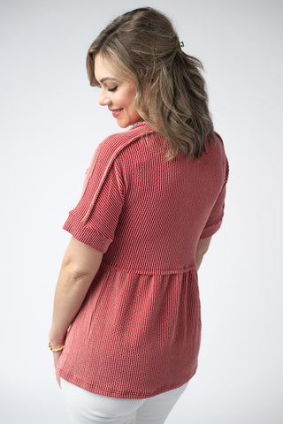 Vintage Red Ribbed V-Neck Top