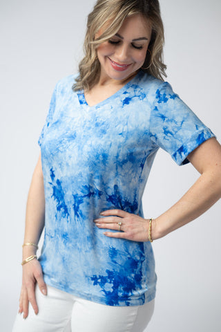 Blue Tie Dye Relaxed Fit V-Neck Top