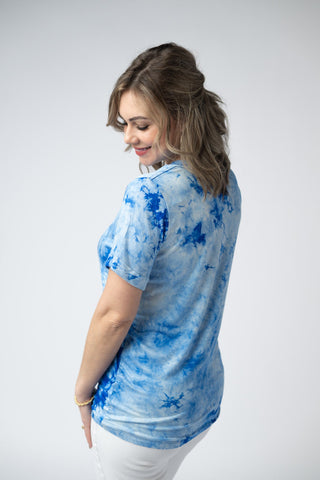 Blue Tie Dye Relaxed Fit V-Neck Top