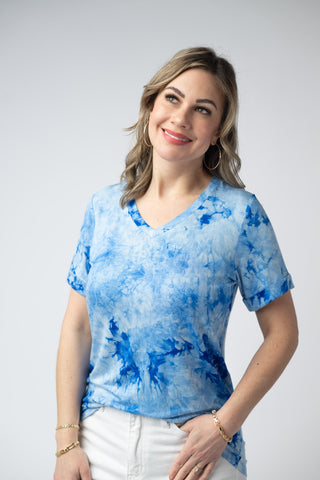 Blue Tie Dye Relaxed Fit V-Neck Top