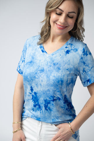 Blue Tie Dye Relaxed Fit V-Neck Top