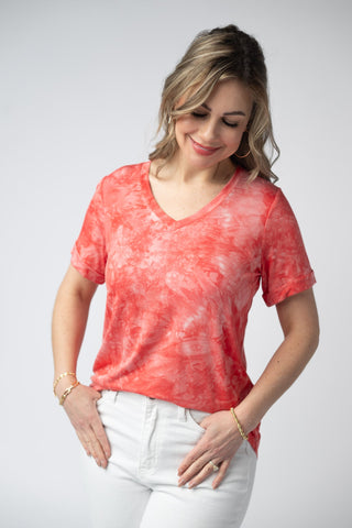 Red Tie Dye Relaxed Fit V-Neck Top