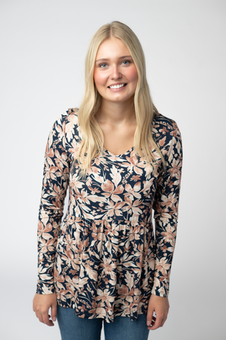 Navy Autumn Petals  V-Neck Long Sleeve Babydoll Top