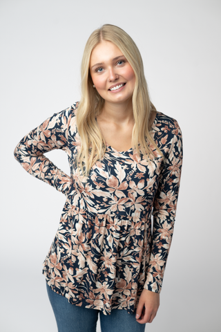 Navy Autumn Petals  V-Neck Long Sleeve Babydoll Top