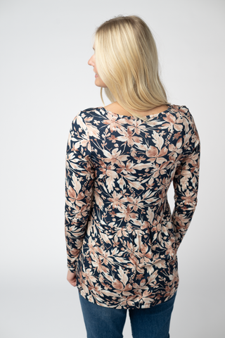 Navy Autumn Petals  V-Neck Long Sleeve Babydoll Top