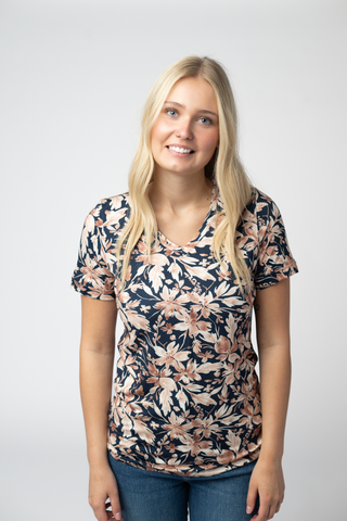 Navy Autumn Petals Relaxed Fit V-Neck