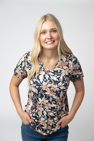 Navy Autumn Petals Relaxed Fit V-Neck