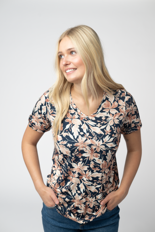 Navy Autumn Petals Relaxed Fit V-Neck