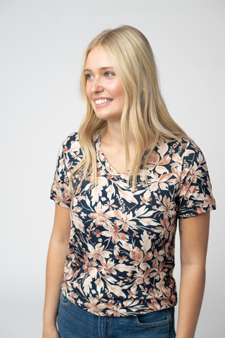 Navy Autumn Petals Relaxed Fit V-Neck