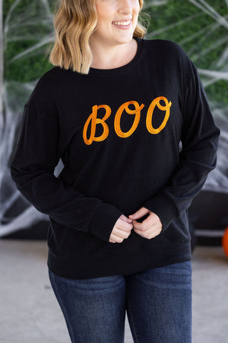 Boo Embroidered Ribbed Pullover