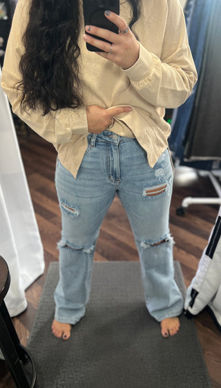 Light Wash Straight Distressed Jeans
