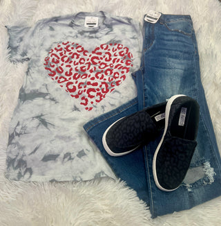 Leopard Print Heart on Grey Tie Dye Tee