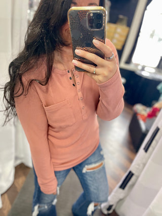 Dusty Rose Henley Long Sleeve Top