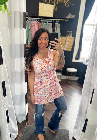 Coral Sunset Floral Ruffle Tank Top