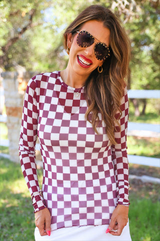*SUNDAY PRE-ORDER* Maroon Checkered Mesh Top