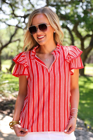 *SUNDAY PRE-ORDER* Red Striped Flutter Sleeve Blouse