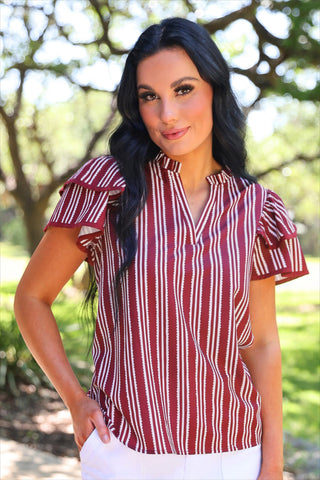 *SUNDAY PRE-ORDER* Maroon Striped Flutter Sleeve Blouse