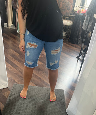 Light Wash Distressed Bermuda Shorts