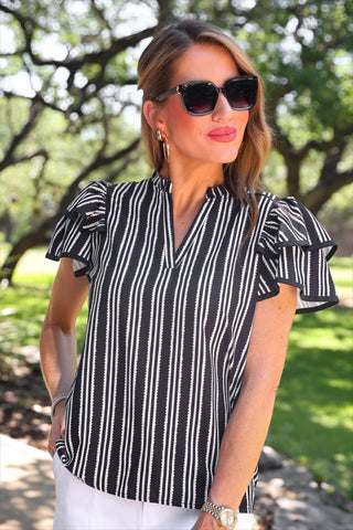 *SUNDAY PRE-ORDER* Black Striped Flutter Sleeve Blouse