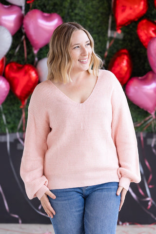 Light Pink V-Neck Bow Sweater