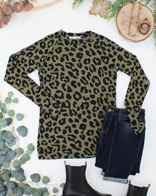 Olive Animal Print Long Sleeve Top w/ Thumbholes