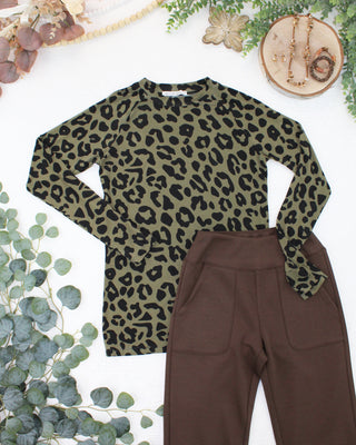 Olive Animal Print Long Sleeve Top w/ Thumbholes