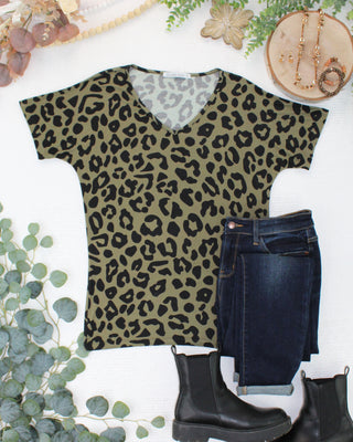 Olive Animal Print V-Neck Top