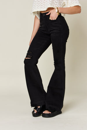 Judy Blue Black High Waist Tummy Control Distressed Flare Jeans - Style #88622