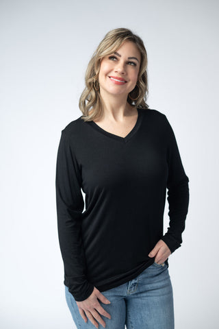 Black Long Sleeve V-Neck Top