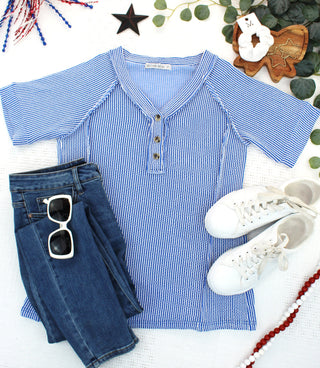Vintage Blue Ribbed V-Neck Top