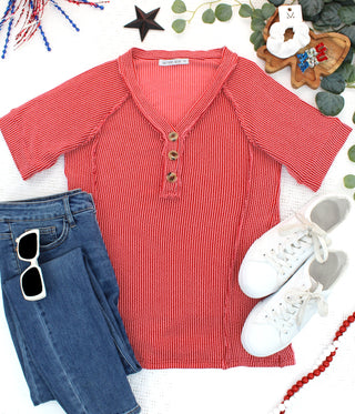 Vintage Red Ribbed V-Neck Top