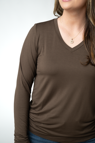 Brown Long Sleeve V-Neck Top