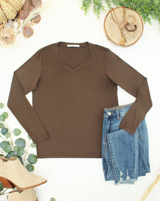 Brown Long Sleeve V-Neck Top