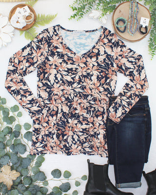 Navy Autumn Petals  V-Neck Long Sleeve Babydoll Top