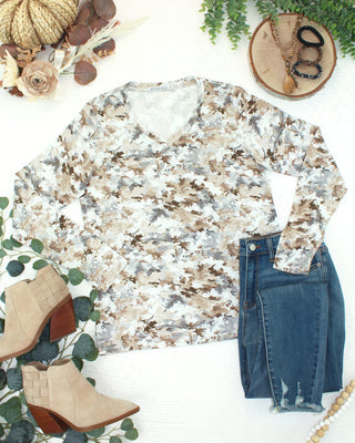 Neutral Leaves Long Sleeve V-Neck Top
