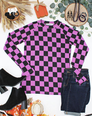 Black and Purple Checkers Long Sleeve Top w/ Thumbholes
