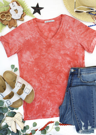 Red Tie Dye Relaxed Fit V-Neck Top