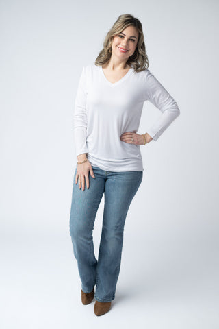 White Long Sleeve V-Neck Top