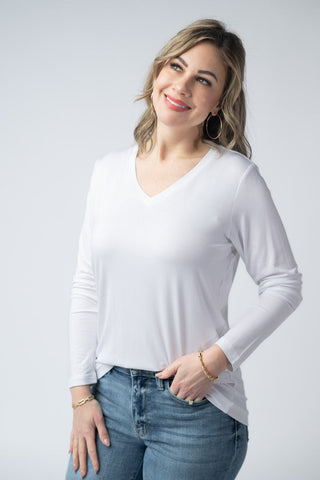 White Long Sleeve V-Neck Top