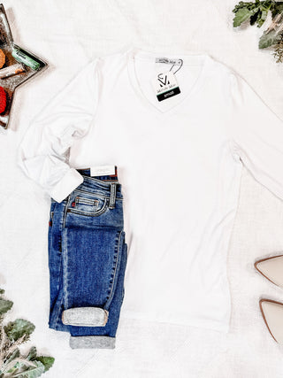 White Long Sleeve V-Neck Top