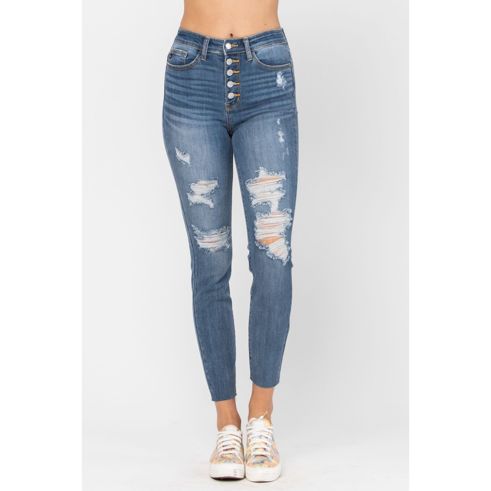 Judy Blue Destroyed Button Fly Skinny Jeans - Style 82171