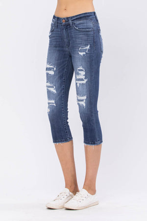 Judy Blue Distressed Patch Jean Capris - Style 82271