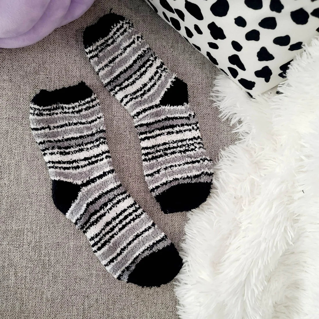 Black, White & Grey Stripe Fluffy Socks