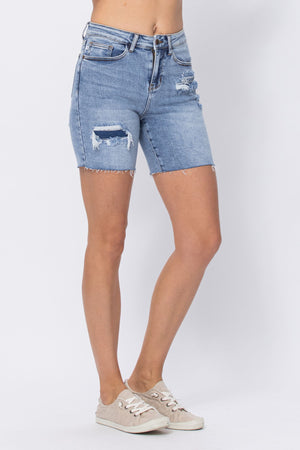 Judy Blue Denim Patch Mid Length Shorts - Style 150094