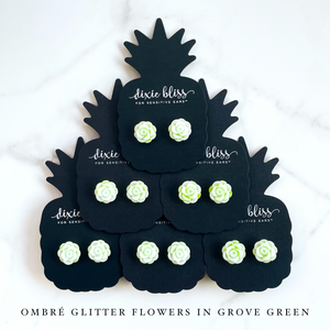 Ombre Glitter Flowers in Grove Green Single Stud Set Earrings